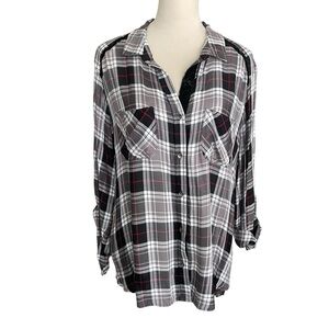 Rock & Republic Plaid Button Up Lightweight Layering Piece Shirt Top Women Sz XL